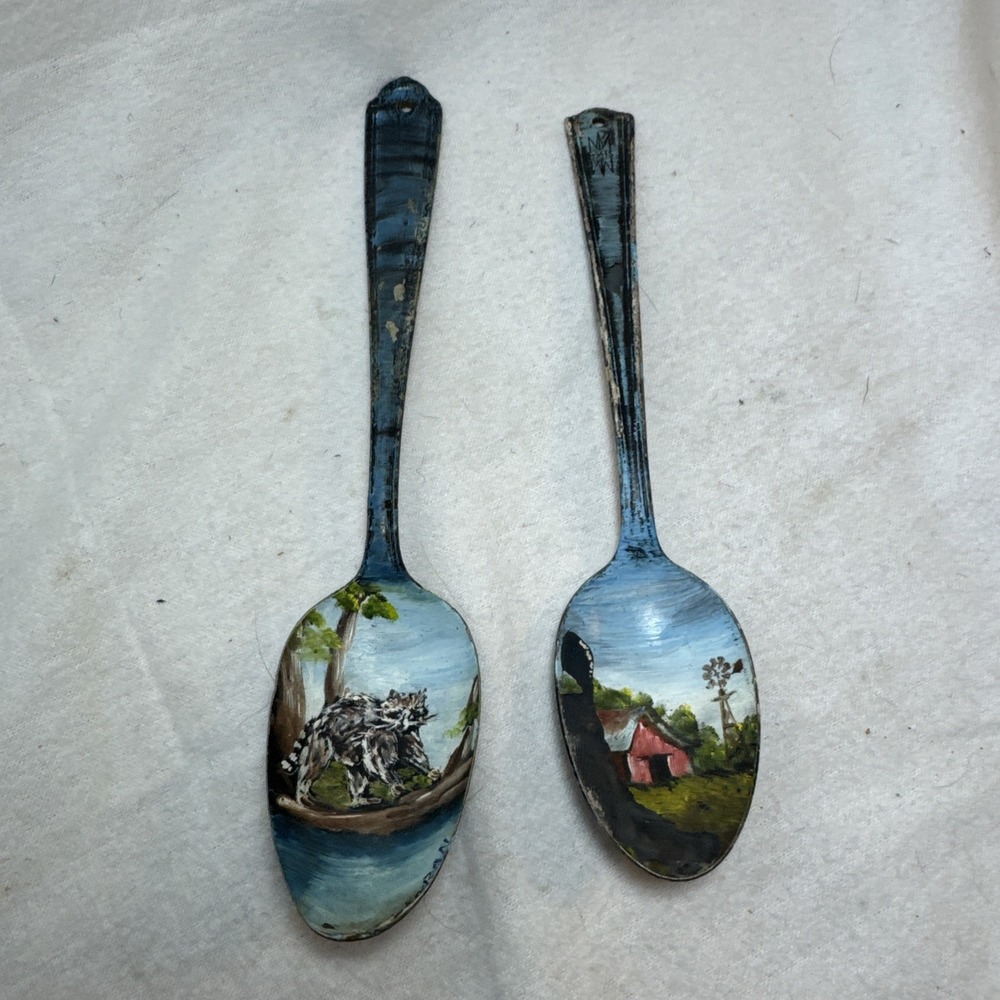 2 Handpainted Metal Spoon Raccoon Barn Country Scene Original Art Decor 8"